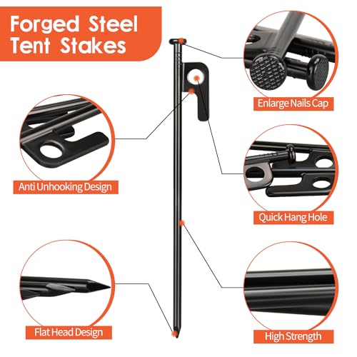 8-Inch Heavy Duty Forged Steel Tent Stakes - 8 Pack with Storage Bag