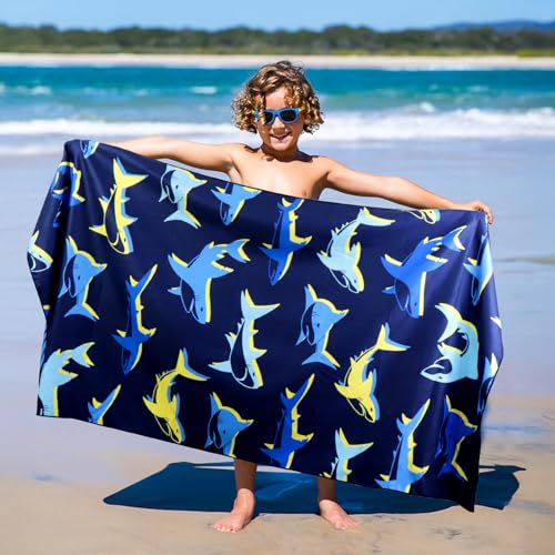 Microfiber Beach Towel - Bright Yellow Blue Shark Design - Dark Blue Shark