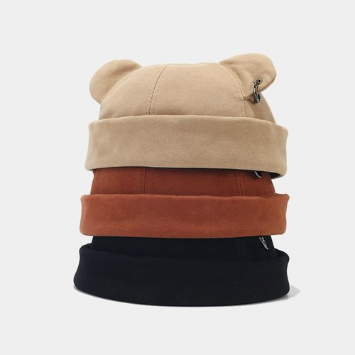 Fall Winter Beanie Hats for Women Men Bear Ear Skull Cap Brimless Cap Adjustable Docker Cap Black