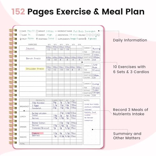 150-Day Fitness & Food Journal for Women - Pink Planner with Measuring Tape