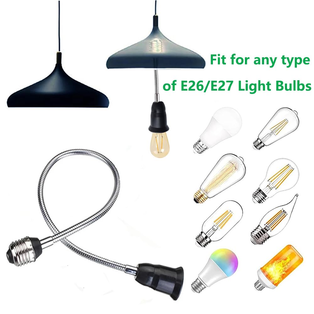 E26/E27 40cm/16 inch Extension Socket Extender Adapter, E26 to E26 Flexible Extension, All-Directional Adjustable Standard Medium Light Bulb Socket Converter,Black (2 Pack)
