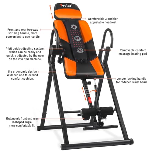 Inversion Table with Heat & Massage - Orange/Black, 350 lbs Capacity