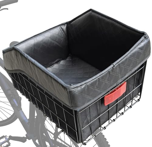 Wocaixy Large Folding Bicycle Rear Basket with Leather Liner & Waterproof Cover - Universal Fit, Heavy-Duty Metal, Supports 25kg, Includes Cargo Net & Reflective Rain Cover (Basket + Inner Bag)