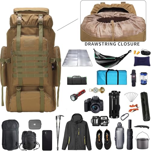 70L Khaki Hiking Backpack with Molle System, 3-Day Assault Pack for Men