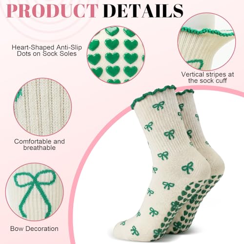 Cute Pilates Socks with Heart Grips - Ruffle Non-Slip Crew Socks - Bow Green and White