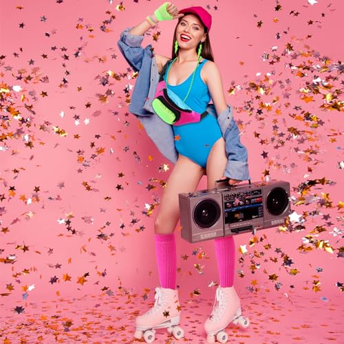 Neon Retro 80s Costume Accessories Set Rose Red - Fanny Pack, Hairband, Gloves & More