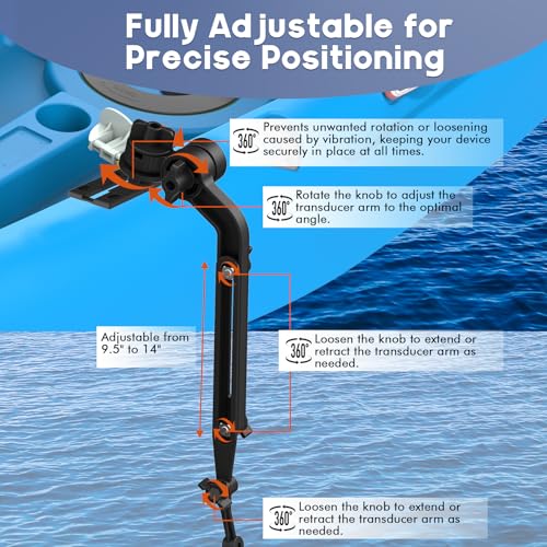 Universal Kayak Fish Finder Mount with Transducer Arm - Adjustable 9–14” - Tool-Free Rail Installation