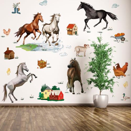 Runtoo Farm Animals Wall Sticker Wild Horse Wall Decals Kids Room Farmhouse Baby Nursery Playroom Wall Decor