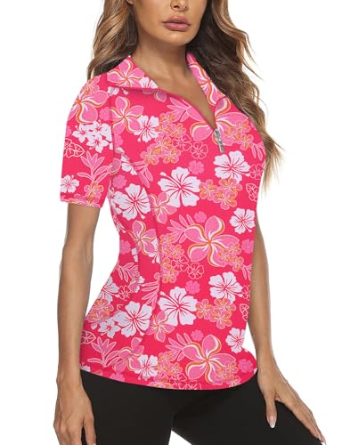 Womens Quarter Zip Polo Shirt - Short Sleeve Quick Dry Athletic Top - Small Pink Floral