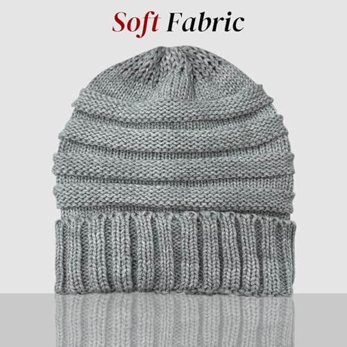 Women's Warm Cable Knit Beanie - Soft Striped Winter Hat - Grey