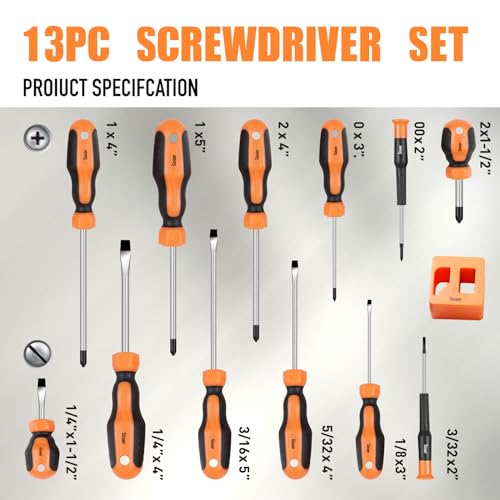 13-Pieces Magnetic Screwdrivers Set, 6 Phillips and 6 Flat Head Tips,Chrome Vanadium Steel,Screwdriver Set With Magnetizer demagnetizer tool