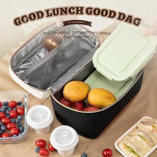 LOVEVOOK Insulated Lunch Cooler Bag for Women - Medium Black with Off White & Brown