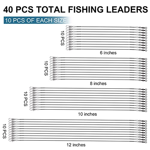 Premium Fishing Leaders - 40Pcs Stainless Steel Wire, 6/8/10/12 Inches - Black