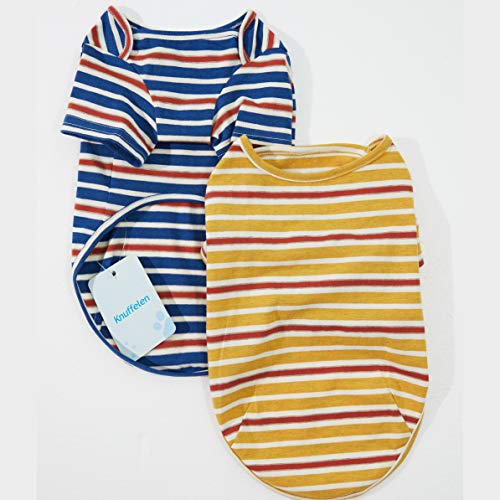 Knuffelen Medium Dog Shirt 2-Pack Cotton Striped T-Shirts for Small Dogs, Blue & Yellow