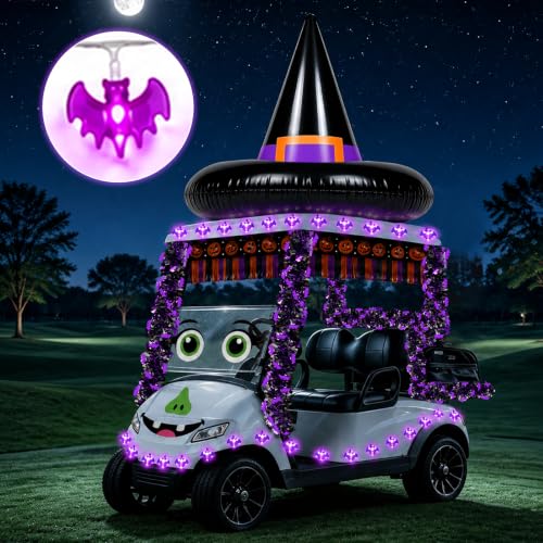 Halloween Golf Cart Decorations Kit with Inflatable Witch Hat, LED Bat Lights & Banners