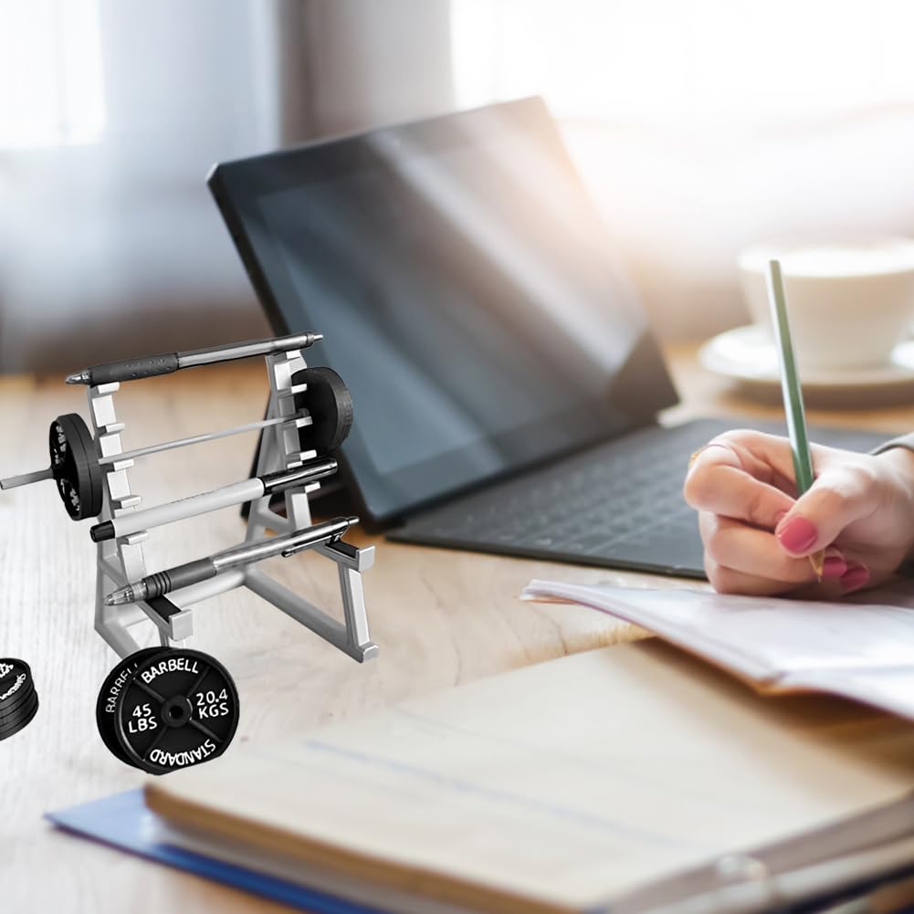 Squat Rack Pen Holder with Barbell & 4 Weight Plates, Miniature Dumbbell Desk Organizer for Pens and Pencils, Fitness-Themed Desktop Storage for Home Office