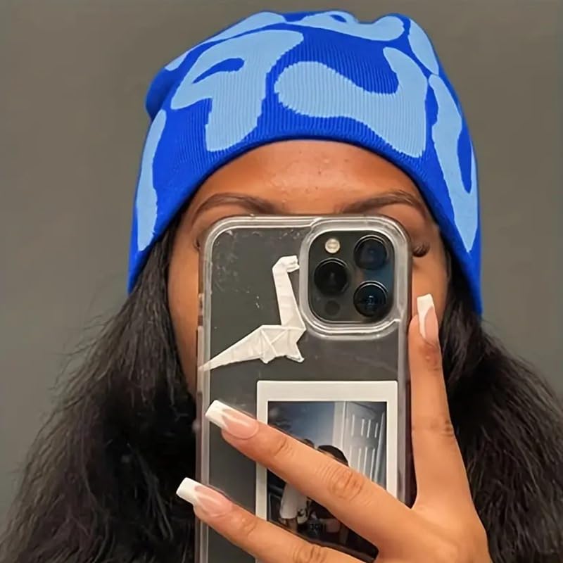 Y2K Beanie Hat - Acrylic Knit Skull Cap with MEA Culpa Design - Gray & White