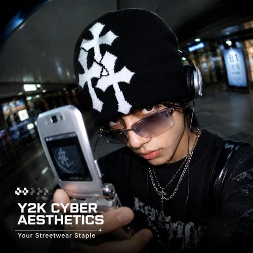 Y2K Beanie Hat for Men & Women - Black Cross Graphic Slouchy Cap - One Size