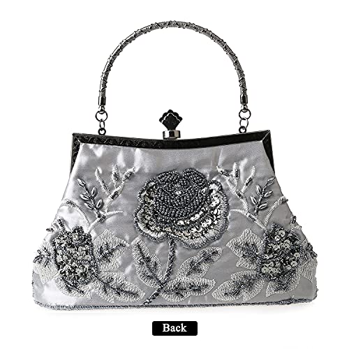 DA BODAN Grey Vintage Floral Beaded Rhinestone Clutch Bag for Bridal & Evening