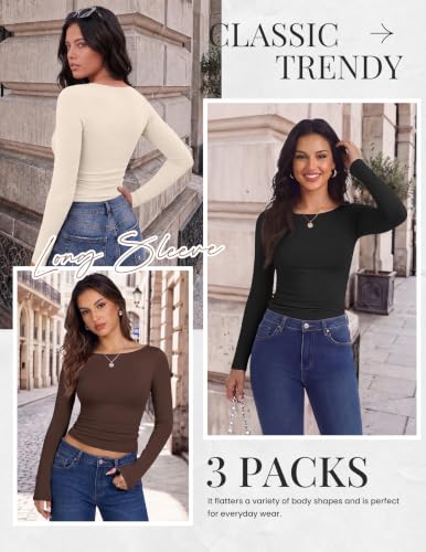 Womens Long Sleeve Thermal Tops - Boat Neck Ruched Shirts - Small Brown