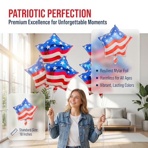 Patriotic American Flag Balloons - 10 Pack Star-Shape Mylar