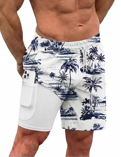 COOFANDY Men's Navy Blue Coconut Tree Swim Trunk with Compression Liner 2-in-1 Quick Dry Bathing Suit Large