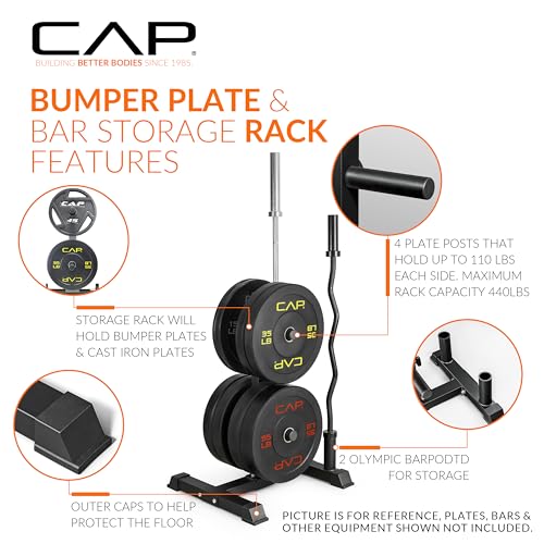 Heavy-Duty Olympic Bumper Plate Storage Rack with Barbell Holders - 4-Plate Posts / 2 Bar Holders / Gray