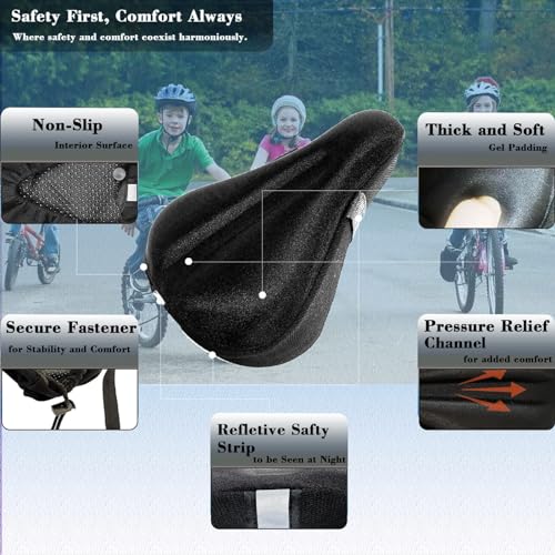 Black Kids Bike Seat Cushion Gel Comfort 9x6in Outdoor Cover Anti-Slip