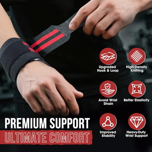 18-Inch Weightlifting Wrist Wraps - Adjustable Support for Powerlifting - Red