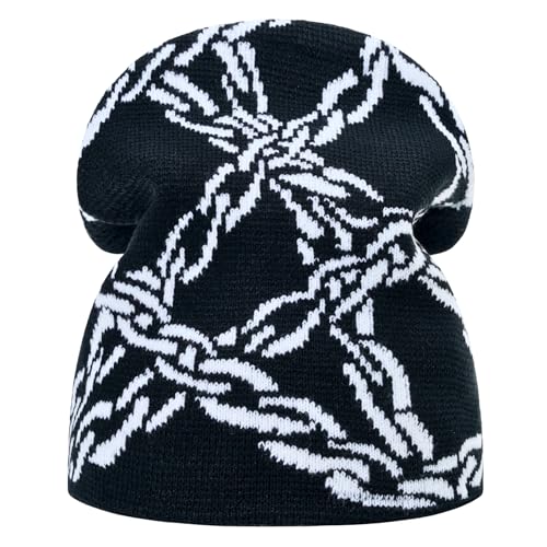 Y2K Graphic Chain Knit Beanie - Warm Winter Skull Cap for Adults