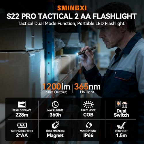 S22Pro EDC Tactical Dual Mode Rechargeable Flashlight, 1200 High Lumen Pen Light with 365nm UV Light, 2AA Dual Power Pocket LED Flashlight with Magnet for Car Repair Camping, Emergency, Outdoor