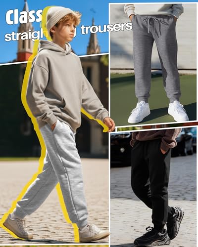LessonZoo Boys' Athletic Joggers Sweatpants 3-Pack - Grey & Black, Large