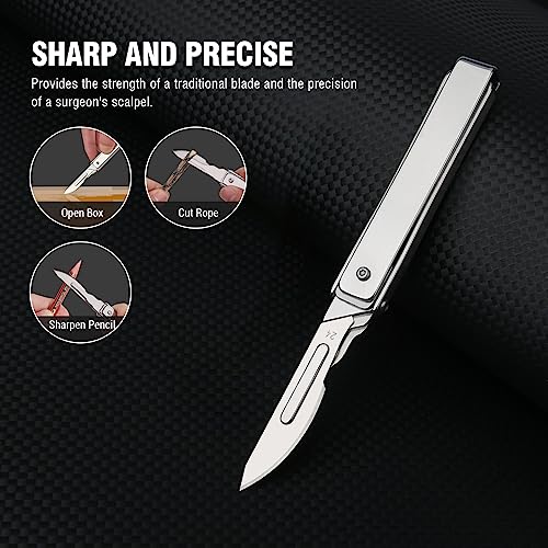 Folding Scalpel Pocket Knife, EDC Utility Surgical Knives With 10pcs #24 Replaceable Razor Blades for Outdoor Hunting Everyday Carry, Small Knife Collection Unique Gift for Men Women