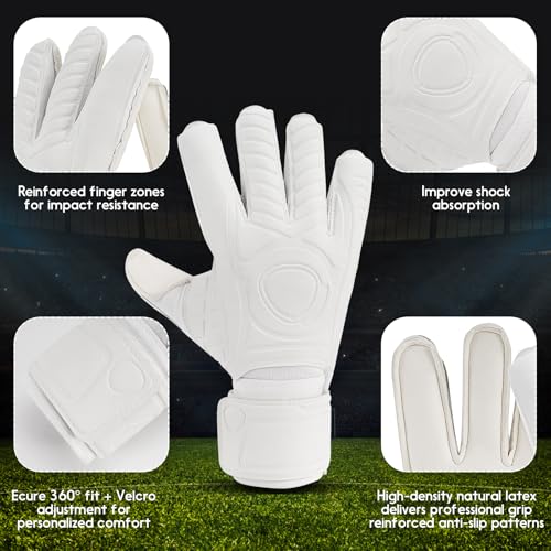 Aegicormy White Soccer Goalkeeper Gloves with Finger Protection - Size 8, Breathable & Strong Grip for Kids, Youth & Adults