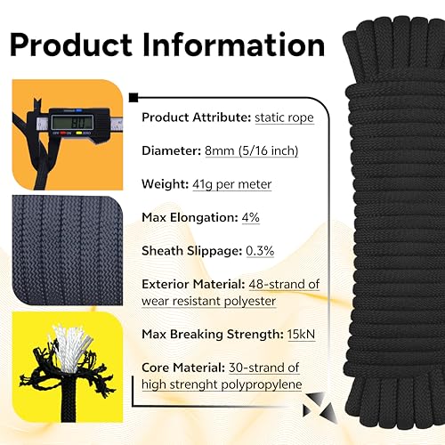 WiseRoot 8mm Static Climbing Rope 32ft Black CE/ASTM Certified Outdoor Rope
