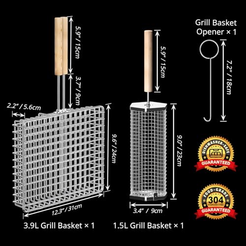 Grill Basket Set 304 Stainless Steel, Removable Wood Handles | Outdoor BBQ & Camping