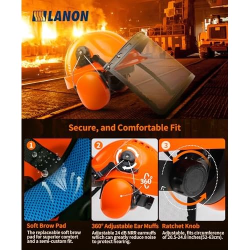 LANON Industrial Forestry Safety Helmet Protection System, ANSI Approved Chainsaw Hard Hats with Adjustable Ear Muffs & Face Shield Visor, 6 Point Adjustable Ratchet Suspension, Class C, Orange
