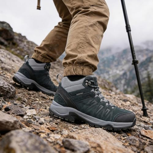 OUTJET Men's Waterproof Hiking Boots - Lightweight Leather Mid Ankle Trail Shoes, Dark Green, Size 11