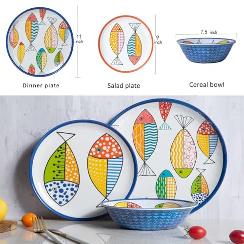 Gofunfun 12-Piece Melamine Dinnerware Set for 4 with Blue Fish Design - Plates & Bowls