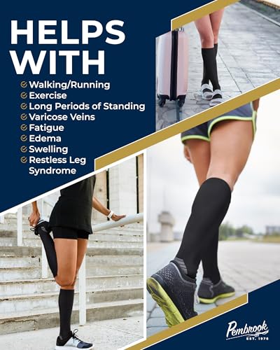 Large Black Pembrook 3 Pairs Compression Socks 20-30 mmHg for Running, Travel, Nurses