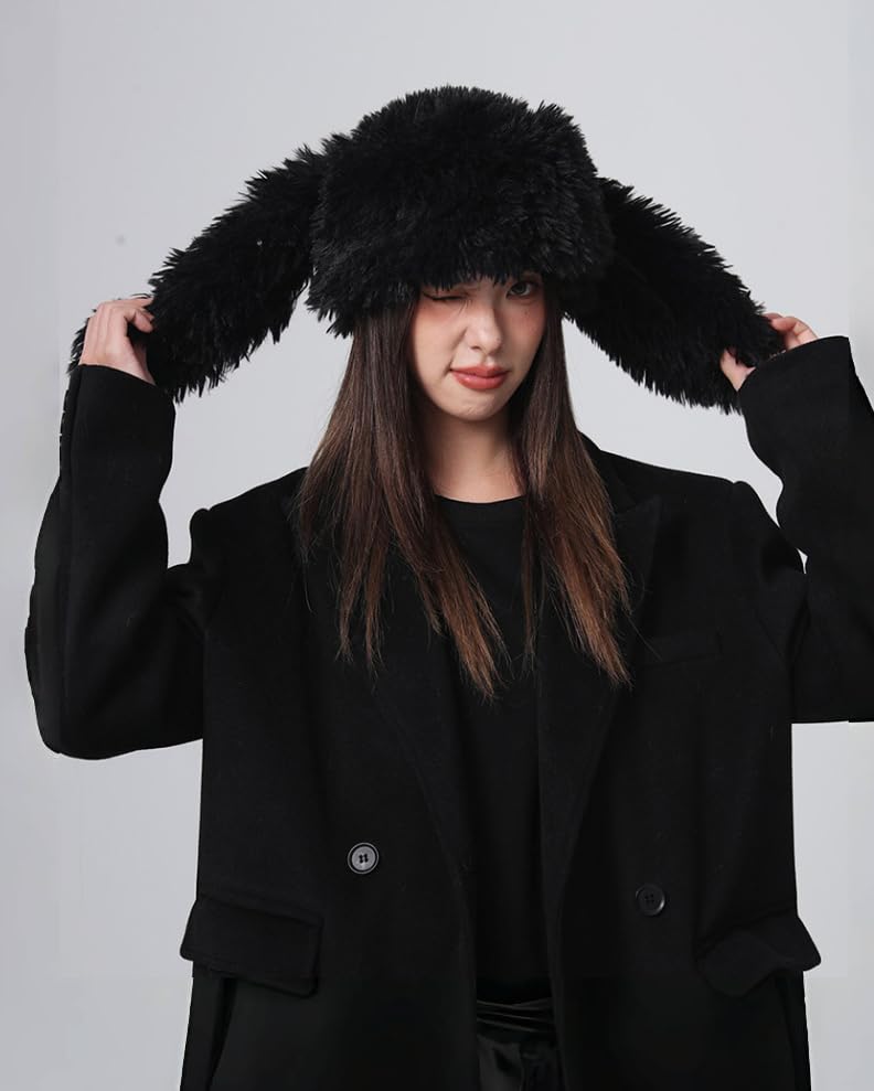 Y2K Fuzzy Bunny Beanie Hat for Women One Size Black Cute Furry Ears