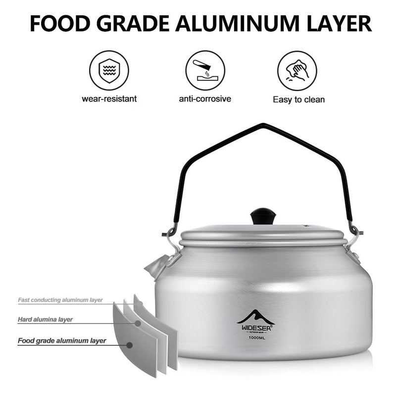 widesea UltraLight 1L Camping Kettle, Hard-Anodized Aluminum Open Flame Safe Tea & Coffee Pot with Heat-Resistant Handle, Portable for Campfire, Backpacking, Hiking, and Outdoor Adventures