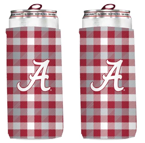 Slim Can Holder Coolers - 12oz Beer Holders 2-Pack - Alabama Red Plaid (Crimson Tide)