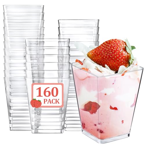 Eupako 160 Pack 5 oz Clear Plastic Mini Dessert Cups Square Parfait Cups for Fruit, Pudding, Mousse, Ice Cream, Party, Wedding