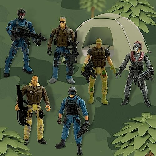 Army Men Action Figures Set - 6 Soldiers with Weapons - Blue