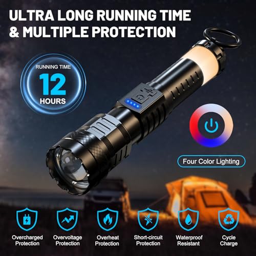 Earrck Rechargeable Flashlight High Lumens - 3000 Lumens Waterproof Police Flashlight, Zoomable Beam LED Flash Light with 8 Modes and SOS for Emergencies, Home, Camping, Hiking, Pet Walking(Black)