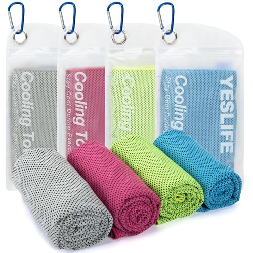 Cooling Towels 4-Pack - Microfiber Neck Wraps, 40"x12" - Blue, Grey, Green, Pink