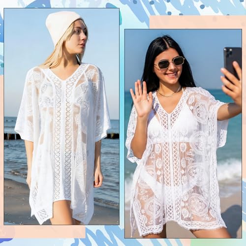 Patelai 2 Pcs Lace Beach Cover-Up for Women V-Neck White (Variation: White / 1)