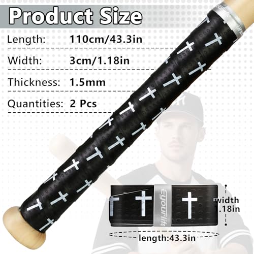 Baseball Bat Grip Tape - 2 Pack Non-Slip for All Players - Black/Cross