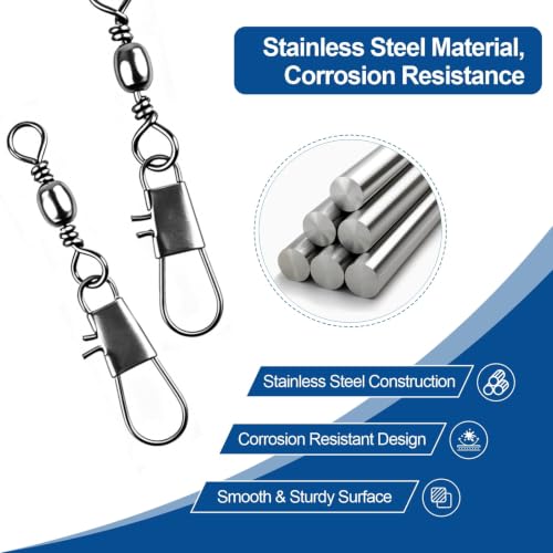 200PCS Ball Bearing Fishing Swivels with Safety Snaps, 5-Size Assortment